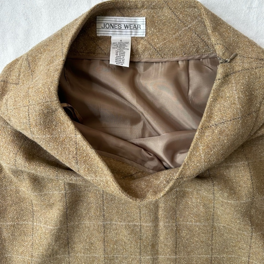 Vintage Jones Wear Wool Blend A-Line Skirt – Size 4,Tan Windowpane Plaid - Picture 5 of 10